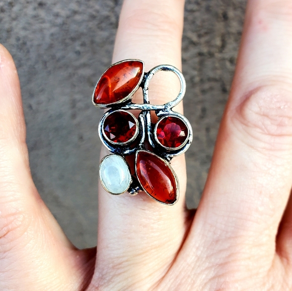 New Amber, Garnet & Rainbow Moonstone 925 Silver Ring. - Picture 5 of 16